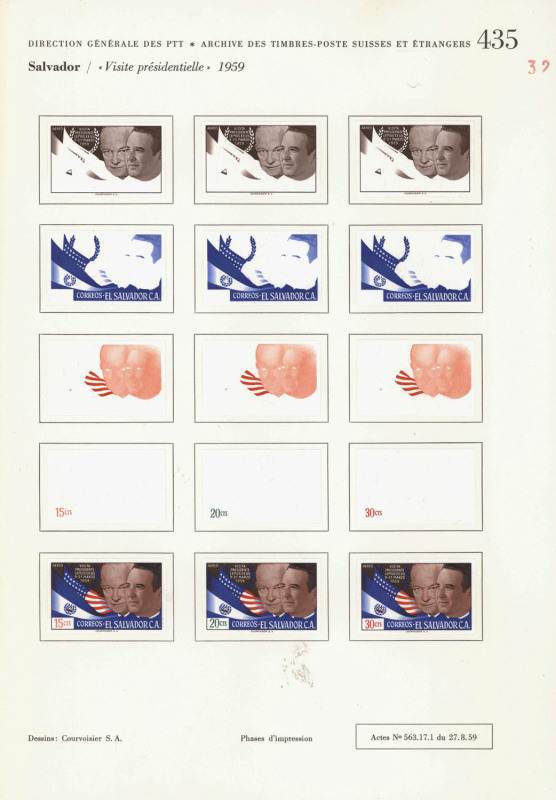 REST OF THE WORLD - Thematics: Government & Politics - Proofs: El Salvador 1959 Visit of President Lemus to the United States complete set of imperforate colour separations for the six denominations with Small Figures of Value, affixed to two pages from