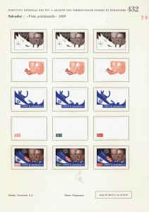 REST OF THE WORLD - Thematics: Government & Politics - Proofs: Similar lot, but with subtle differences in each of the colour separations - e.g. pink/flesh colour separation with fully-formed eyes, the blue separation with President's head absent, etc; affixed to two pages from the printer's records. ex Courvoisier Archives. (30 items).