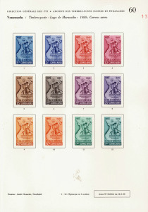 REST OF THE WORLD - Thematics: Maps - Proofs: Venezuela 450th Anniversary of the Discovery of Lake Maracaibo: complete set of imperforate colour trials for the Postage & Air Mail sets, affixed to three pages from the printer's records. A beautiful series. Ex Courvoisier Archives. (34 proofs).