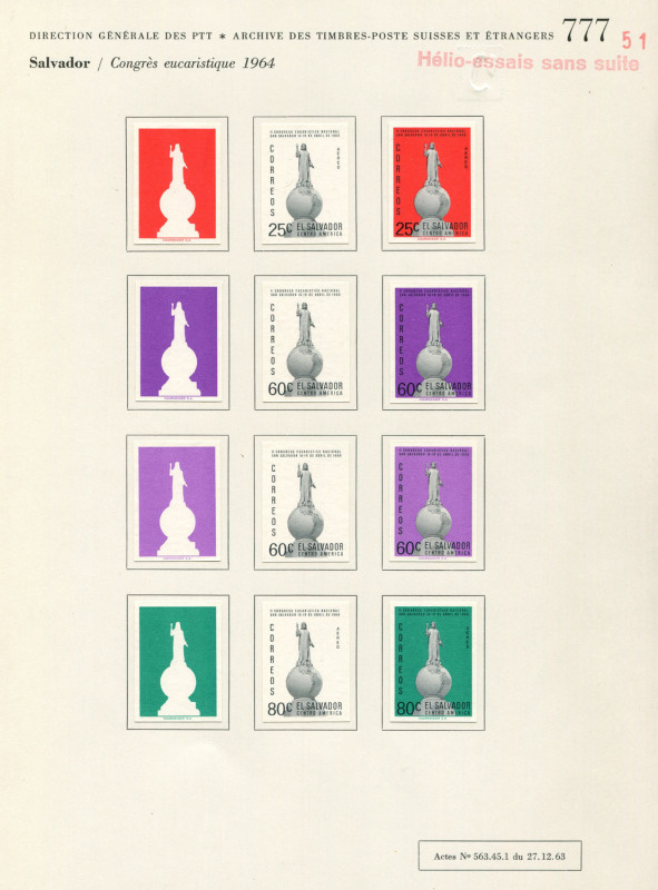 REST OF THE WORLD - Thematics: Religion - Proofs: El Salvador 1964 Eucharistic Congress Issue, Courvoisiers' original colour separations, colour trials & unadopted completed designs, all imperforate & affixed to the official Archival album pages [#776 &