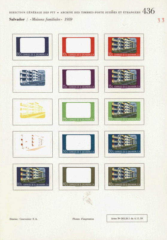 REST OF THE WORLD - Thematics: Buildings & Architecture - Proofs: El Salvador 1960 Housing Projects Issue: Courvoisiers' original colour separations and completed designs, all imperforate and affixed to the official Archival album pages [#436] dated 4/11