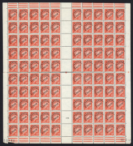 FRANCE: 1941-42 70c orange-red Marschall Petain pre-cancelled sheet of 100, dated '10.2.42' at lower-right, central perf separations almost divide the sheet, some minor blemishes, full unmounted gum. Scarce survivor.