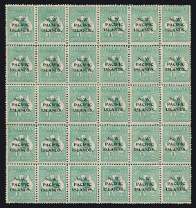 NEW GUINEA - 'N.W./PACIFIC/ISLANDS' Overprints: NWPI 1915-16 (SG.81) 1/- green Roo Die II, complete pane (30) of Plate 2; Right Pane (4th Setting) on annotated album page, few minor gumside tones, most units MUH, Cat. £2400. Ex Patrick Williams FRPSL.