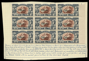 NEW ZEALAND: OFFICIALS: 1936-61 Pictorials (SG.O124) 2½d red-brown & blue-slate mostly multiples with marginal blocks of 9 (5) and blocks of 6 (2) with specialist annotations identifying plate scratches, re-entries and retouches, usually on the frame pl