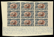 NEW ZEALAND: OFFICIALS: 1936-61 Pictorials (SG.O124) 2&frac12;d red-brown & blue-slate mostly multiples with marginal blocks of 9 (5) and blocks of 6 (2) with specialist annotations identifying plate scratches, re-entries and retouches, usually on the frame pl
