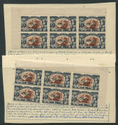 NEW ZEALAND: OFFICIALS: 1936-61 Pictorials (SG.O124) 2&frac12;d red-brown & blue-slate mostly multiples with marginal blocks of 9 (5) and blocks of 6 (2) with specialist annotations identifying plate scratches, re-entries and retouches, usually on the frame pl - 3