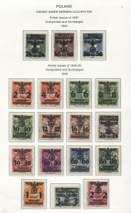 POLAND: German Occupation: 1940-44 issues largely complete mint or used with 1940 (Feb-March) set of 26 Surcharges used (ex the 50g surcharges which are mint), 1940 Red Cross overprints mint, Hitler Heads complete including birthday issues, plus officials & delivery stamps; also Polish Armed Forces (exiled in UK) 1943 set mint and Polish Forces in Italy 1945 FDC unaddressed and selection of stamps mint or used; occasional toning, mostly fine. (175 + 1 cover)