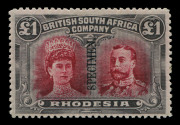 RHODESIA: 1910-13 (between SG.119s and 185s) ½d to £1 'Double Heads' overprinted 'SPECIMEN' (Samuel Type R7), 7/6d nibbed perfs, few values with sweated gum or gum disturbance (1/- with minimal gum & slight tone), overall lovely bright colours and general - 2