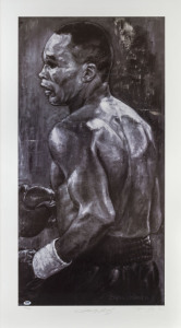 SUGAR RAY LEONARD: Stephen Holland lithograph print of the great American boxer, winner of world titles in five weight divisions, signed beneath by both Leonard and artist Stephen Holland, limited edition numbered '494' of 500, PSA/DNA Certificate of Auth