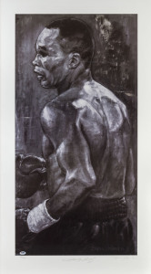 SUGAR RAY LEONARD: Stephen Holland lithograph print of the great American boxer, winner of world titles in five weight divisions, signed beneath by both Leonard and artist Stephen Holland, limited edition numbered '494' of 500, PSA/DNA Certificate of Authenticity; framed & glazed, overall 125 x 71.5cm.