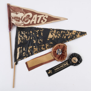 PENNANTS & ROSETTES: circa mid-1970s COLLINGWOOD pennant (distressed condition) emblazoned "Might Magpies for Premiers" and supporter rosette with "The Fighting Magpie" badge attached; also Geelong pennant plus supporter rosette with black panther design 