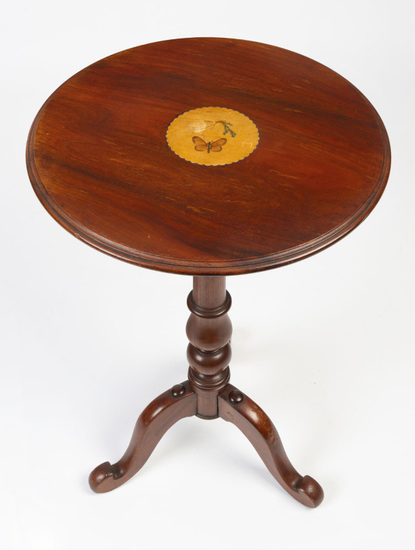 An Australian cedar wine table with butterfly decorated top, 19th century, 74cm high, 46cm diameter PROVENANCE: The Rodney Pemberton Collection