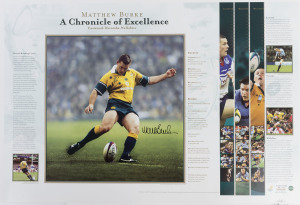 LIMITED EDITION LITHOGRAPH POSTERS: comprising RUGBY UNION - Matthew Burke signed "A Chronicle of Excellence" numbered '74/350', David Campese signed "Of Goosesteps and Genius" "217/500" ; AFL - "Ronald Barassi" career tribute signed "Ron Barassi/31" in gold ink, numbered "323/350"; ATHLETICS - Roger Bannister signed "Breaking the Speed Limit" numbered "256/500"; TENNIS - John Newcombe signed "Single Handed Champion of the World"