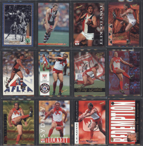 AFL SELECT - "TONY LOCKETT": Selection of 12 cards featuring the St Kilda & Sydney Swans legend including 1999 limited edition "1300 Goal Kicking Record" card, plus Redemption Card; VF.