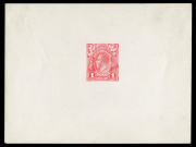 AUSTRALIA: KGV Essays & Proofs: PERKINS BACON DIE PROOFS: State 2 die proof with a field of horizontal lines behind the King's head, in bright red on highly glazed thin card (125x94mm) with no endorsements on the face but endorsed in pencil on reverse "2 - 3