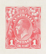 AUSTRALIA: KGV Essays & Proofs: PERKINS BACON DIE PROOFS: State 2 die proof with a field of horizontal lines behind the King's head, in bright red on highly glazed thin card (125x94mm) with no endorsements on the face but endorsed in pencil on reverse "2 - 4