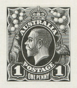 AUSTRALIA: KGV Essays & Proofs: PERKINS BACON DIE PROOFS: State 1a (Scratched Die) die proof as State 1 with a Very Fine White Diagonal Scratch from the Kangaroo's Paws to the Emu's Feet on highly glazed thin card (94x125mm) with no endorsements or cache - 4