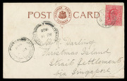 CHRISTMAS ISLAND: 1908 (July 22) Caledonian Railway Company RP postcard from LOCHEARNHEAD, SCOTLAND bearing 1d Edward VII; addressed to "Mr. W.R. Darling, Christmas Island, Straits Settlements via Singapore" with double circle "PENANG TO SINGAPORE AU 14 - 3