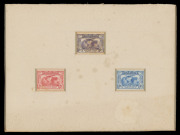 AUSTRALIA: Other Pre-Decimals: 1931 Kingsford Smith Imperforate Die proofs of the 2d 3d & 6d stamps in the issued colours on wove paper recessed in a single thick card mount (200x150mm) with bevelled edges BW:141-143DP(2), minor damp spots on the mount, - 2