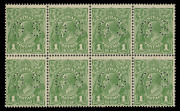 AUSTRALIA: KGV Heads - Small Multiple Watermark Perf 13½ x 12½: 1d Green, perforated OS Plate 1 block of (8) [R49-52/55-58] comprising four Die I-II pairs BW:81(1)ic, one Die 1 unit with a hinge remainder, otherwise unmounted, Cat $2200+.  Provenance: Th - 3