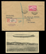 GERMANY - Aerophilately & Flight Covers: March 1934 registered cover to TIMARU, New Zealand with Zeppelin 'Chicagofahrt/Weltaustellung/1933' overprint 1Mk red Mi.496 tied by 'BERLIN/23.3.34/FRIEDENAU 2' d/s and R label alongside, partial Italian 'AMBULA - 3