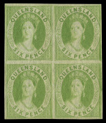 QUEENSLAND: 1868-78 (SG.92a) 6d pale apple-green, IMPERFORATE block of 4, fresh rich colour and with good, even margins all round, unused, Cat.£1400+. - 3