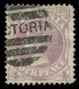 VICTORIA: 1885-95 (SG.300b) 4d lilac Error of Colour, strong original colour and full perfs, tidy Melbourne duplex cancel, expertised by Purves on reverse, Cat £1700. Very fine example of a rare stamp. - 2