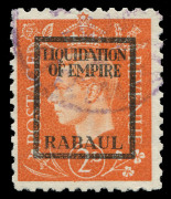 NEW GUINEA: PROPAGANDA FORGERY:&nbsp;G.B.1944 KGVI 2d orange forgery overprinted 'LIQUIDATION/OF EMPIRE/RABAUL' with part-strike of "London Special Stamp" bogus cancel in violet. Seldom offered.&nbsp;[Produced by inmates at the&nbsp;Sachsenhausen Concentration Camp for - 2