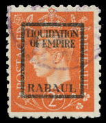 NEW GUINEA: PROPAGANDA FORGERY: G.B.1944 KGVI 2d orange forgery overprinted 'LIQUIDATION/OF EMPIRE/RABAUL' with part-strike of "London Special Stamp" bogus cancel in violet. Seldom offered. [Produced by inmates at the Sachsenhausen Concentration Camp for - 2