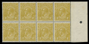 AUSTRALIA: KGV Heads - Single Watermark: 4d Olive-Yellow (Mullett printing) marginal block of (8), few light tones in margin only, stamps fresh MUH, BW:114C - $3200+. Rare multiple of an elusive shade. - 2