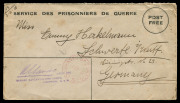 AUSTRALIA: Postal Stationery: Envelopes - Military: WWI PRISONERS OF WAR: Envelope with printed "POST/FREE" within a double circle and "SENDER'S NAME, COMPANY AND MESS" printed on flap Emery:PSPE.2, sent from Liverpool Camp to Germany with "PASSED BY CEN - 2