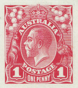 AUSTRALIA: KGV Essays & Proofs: PERKINS BACON DIE PROOFS: State 2 in carmine-rose on highly glazed thin card (126x95mm), endorsed at upper-right "State 2/SB" (fthe initials of Seymour Bennett) and at lower-right "Second state", on reverse "PERKINS BACON - 3