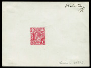 AUSTRALIA: KGV Essays & Proofs: PERKINS BACON DIE PROOFS: State 2 in carmine-rose on highly glazed thin card (126x95mm), endorsed at upper-right "State 2/SB" (fthe initials of Seymour Bennett) and at lower-right "Second state", on reverse "PERKINS BACON - 4