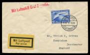 GERMANY - Aerophilately & Flight Covers: 1930 (June 15) cover to England with 2m Zeppelin "SUDAMERIKA FAHRT" Mi:438 tied by LUFTSCHIFF/GRAF ZEPPELIN on board datestamp, "Mit Luftschiff Graf Zeppelin" one-line handstamp in red, black on yellow airmail la - 3