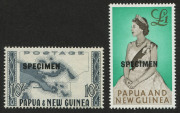 PAPUA NEW GUINEA: 1952-65 Overprinted 'SPECIMEN' group comprising 1952 10/- Map & &pound;1 Fisherman MUH, 1963 10/- Rabaul & &pound;1 QEII MVLH, 1964 10/- Bird MUH. Desirable group. (5). - 4