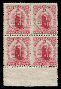 NEW ZEALAND: 1904 (SG.351) Royle 'Dot' Plate 1d rose-carmine Universal Perf 14, marginal block of (4) with MIXED DOUBLE PERFS horizontally (Perf. 14 & Perf. 11); very scarce. - 2