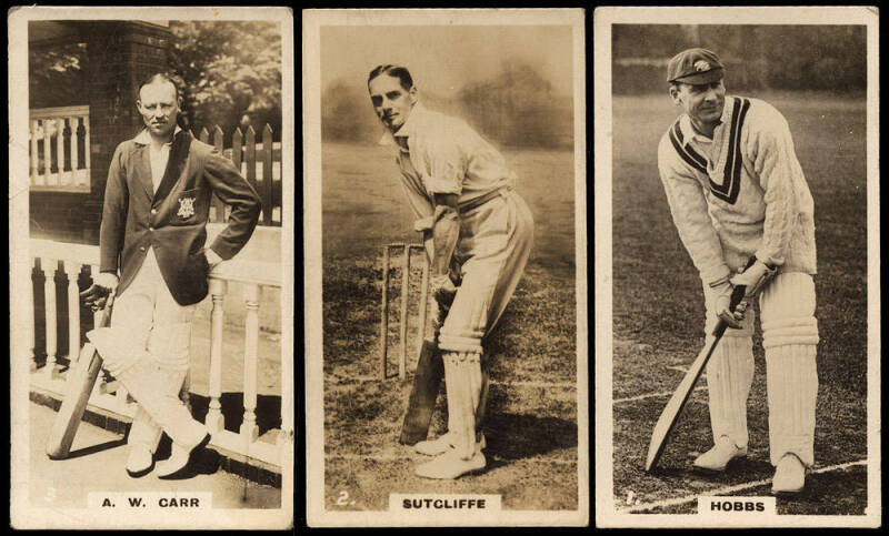 1926-37 cricket cards, noted 1926 Wills (NZ) "English Cricketers" [25]; 1928 Millhoff "Famous Test Cricketers" (standard size) [23/27]; Allens 1932 "Cricketers" [6/36]; 1933 "Cricketers" [3/36]; 1934-35 "Cricketers" [4/36]; 1936-37 "Cricketers" [18/36]. M