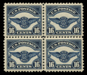 UNITED STATES OF AMERICA: AIRMAILS: 1923 (Scott C4-6) 8c, 16c & 24c issue in fresh blocks of 4; the lower values with 2 MUH/2MLH units; the 24c with lower margin with plate number and completely MUH. (12). A beautifully centred premium quality set. Cat.US - 5