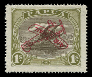 PAPUA: 1929 (SG.117a) 'AIR MAIL' Overprints: Harrison Printings 1/- sepia & olive OVERPRINT INVERTED, with several dealer guarantee handstamps, fine mint, Cat &pound;15,000. Rare, from the only sheet of 40 recorded with this overprint variety. Billig & Rich le - 2