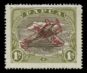 PAPUA: 1929 (SG.117a) 'AIR MAIL' Overprints: Harrison Printings 1/- sepia & olive OVERPRINT INVERTED, with several dealer guarantee handstamps, fine mint, Cat £15,000. Rare, from the only sheet of 40 recorded with this overprint variety. Billig & Rich le - 2