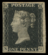 GREAT BRITAIN: 1840 (SG.2) 1d black [NG], margins close to large, with fragment of adjoining unit, evident at right, large-part o.g., Cat £12,500. A most attractive example of the world's first stamp. Photocopy of 1984 Brandon Certificate. - 2