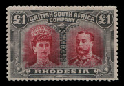 RHODESIA: 1910-13 (between SG.119s and 185s) ½d to £1 'Double Heads' overprinted 'SPECIMEN' (Samuel Type R7), 7/6d nibbed perfs, few values with sweated gum or gum disturbance (1/- with minimal gum & slight tone), overall lovely bright colours and general - 4