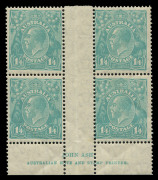 AUSTRALIA: KGV Heads - CofA Watermark: 1/4d Greenish-Blue Ash Imprint block of 4, very lightly hinged on central gutter, stamps MUH; BW:131z, unpriced MUH.     - 2