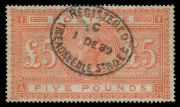 GREAT BRITAIN: 1867-83 (SG.137) £5 Orange Plate 1 [AC] on white paper, very fine and complete 'REGISTERED/1DE89/THREADNEEDLE ST/' oval datestamp, perfect centring with full perfs. Premium example, Cat £3500. - 2