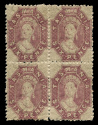 TASMANIA: 1864-68 (SG.89) Perf.12½ by R. Harris (Launceston): 6d reddish mauve Chalon, block of (4), very lightly hinged, one unit MUH. Fresh and attractive multiple, Cat £3600.   - 2