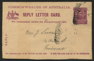 AUSTRALIA: Postal Stationery: Letter Cards: 1911 1d + 1d Full-Face Design Reply Lettercard, REPLY HALF ONLY 'Queen's Gardens, Perth, W.A.' illustration, in purple, small surface scuff on image, 1914 postal use from Wakefield (SA) to Goodwood (SA); BW:LC1
