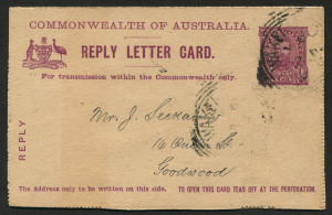 AUSTRALIA: Postal Stationery: Letter Cards: 1911 1d + 1d Full-Face Design Reply Lettercard, REPLY HALF ONLY 'Queen's Gardens, Perth, W.A.' illustration, in purple, small surface scuff on image, 1914 postal use from Wakefield (SA) to Goodwood (SA); BW:LC13 - Cat. $1000.