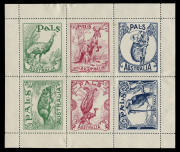 AUSTRALIA: Cinderellas: "PALS" LABELS: Sheetlet of labels issued by "PALS" Boys Weekly Publication featuring the kangaroo, platypus, koala, emu, lyrebird and kookaburra; perf reinforcements, without gum. (1 sheetlet of 6 stamps) - 2