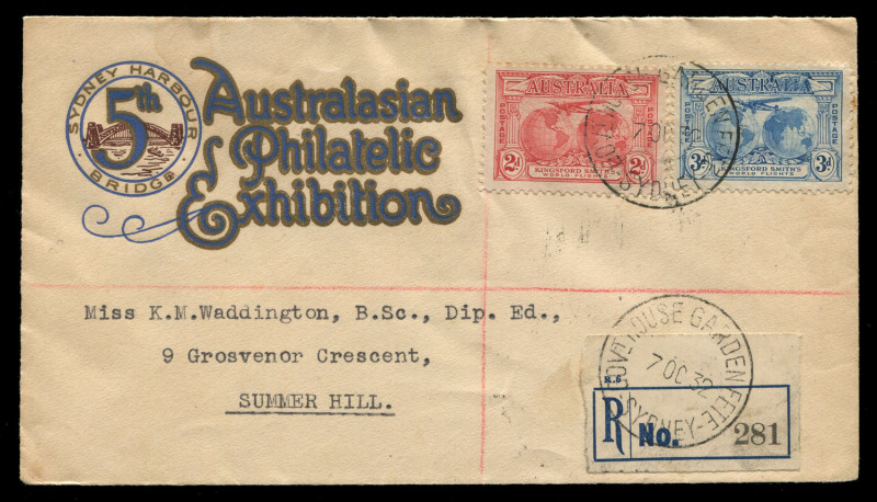 AUSTRALIA: First Day & Commemorative Covers: 7 OCT 1932 "GOVT. HOUSE GARDEN FETE - SYDNEY" cds tying 2d and 3d Kingsford Smith adhesives and provisional black & blue R-label #281, on souvenir cover to Summer Hill; with another strike of this rare cds on