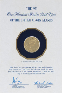 Coins - World: Gold: GOLD PROOFS: comprising BELIZE 1976 $100 composed 6.21gr of 500/1000 (12k) gold; GUYANA 1976 $100 composed 5.74gr of 500/1000 (12k) gold; and BRITISH VIRGIN ISLANDS 1976 Queen's Birthday $100 Proof composed 7.1grams of 900/1000 fine gold; all housed within original Franklin Mint presentation wallets. (3 items)